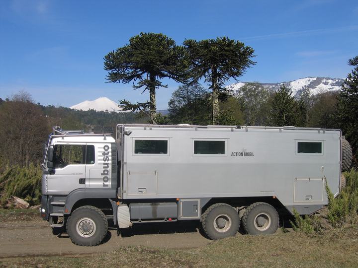 A big expedition truck under the araucarias