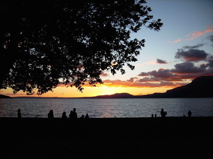 The lake beach at sunset