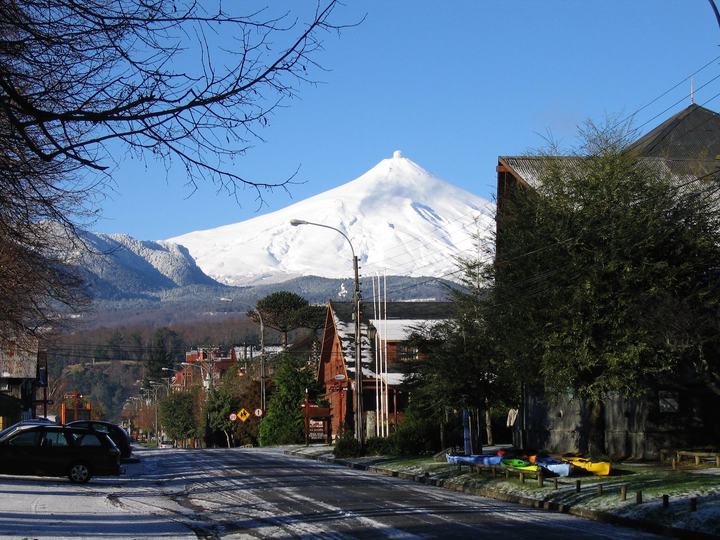 Pucón street with volcano view